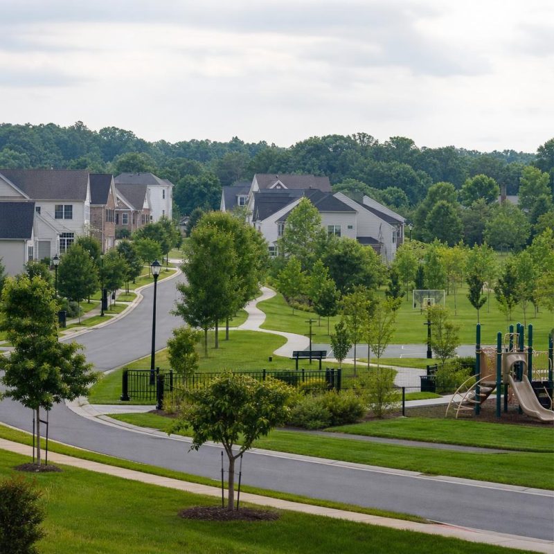 Suburban Potomac Falls neighborhood with landscaped common space, trails, and a small recreation area