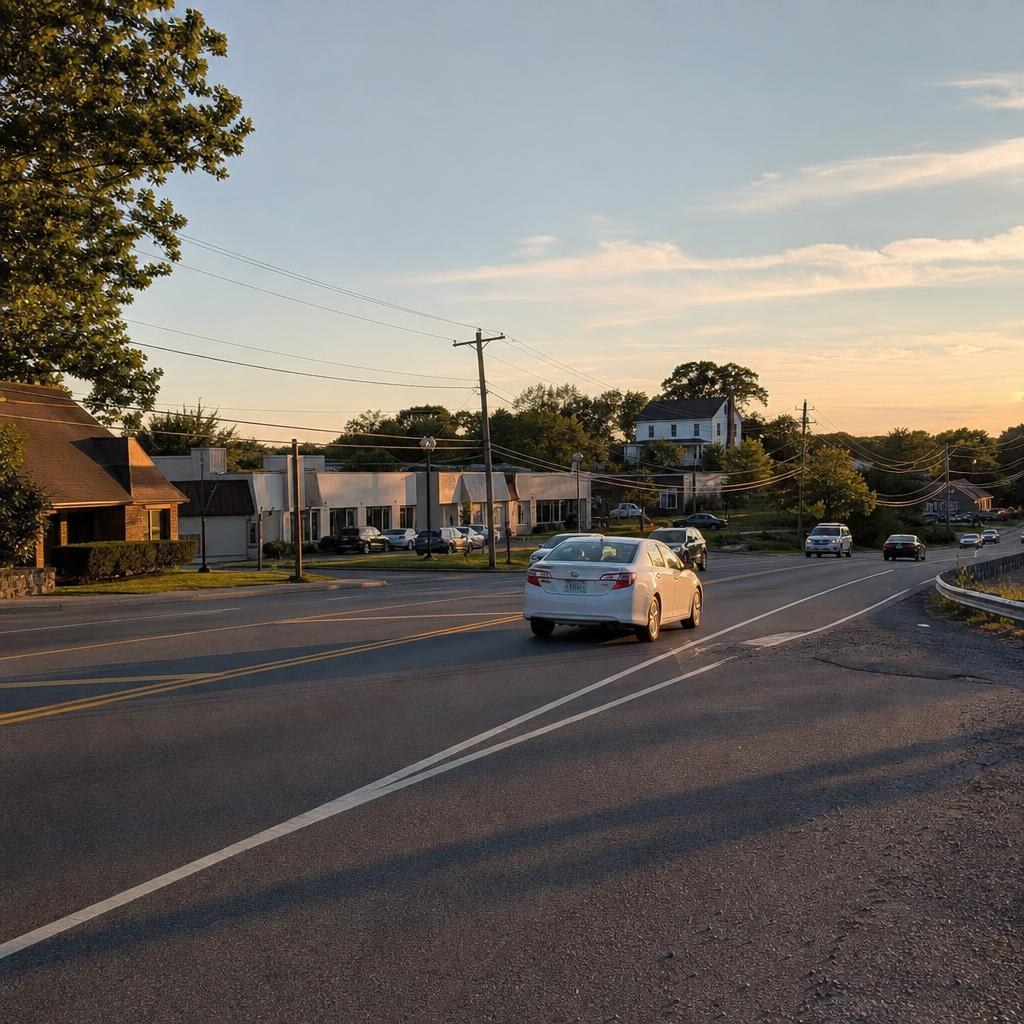 Suburban Potomac roadside with low-rise buildings, homes, and an older farmhouse-like structure.