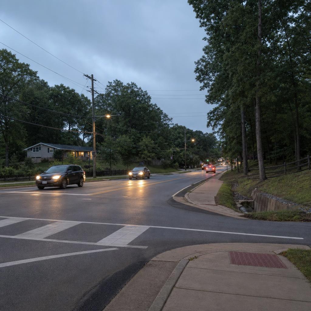 Ordinary Prince George’s County street on rolling terrain beside a wooded drainage edge.