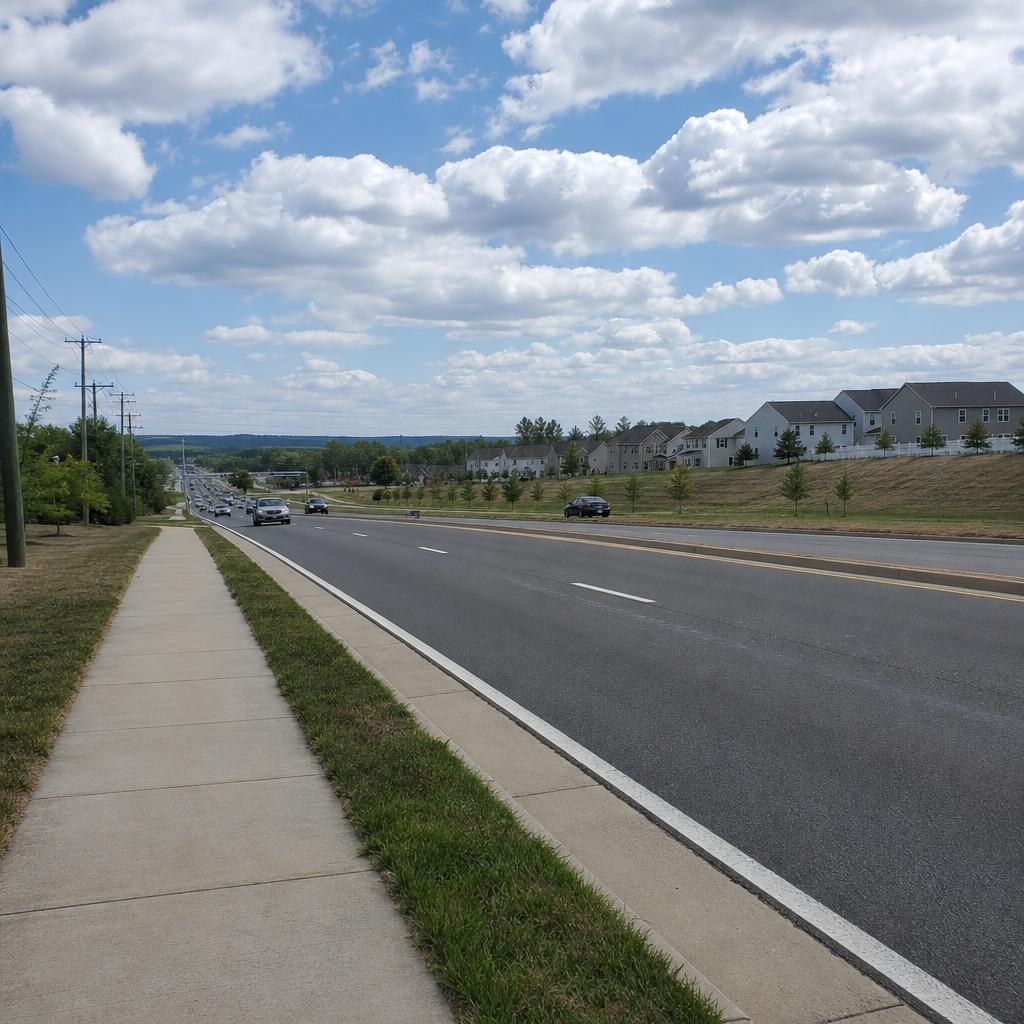 Ordinary Prince William County roadside with suburban development beside open rural land.