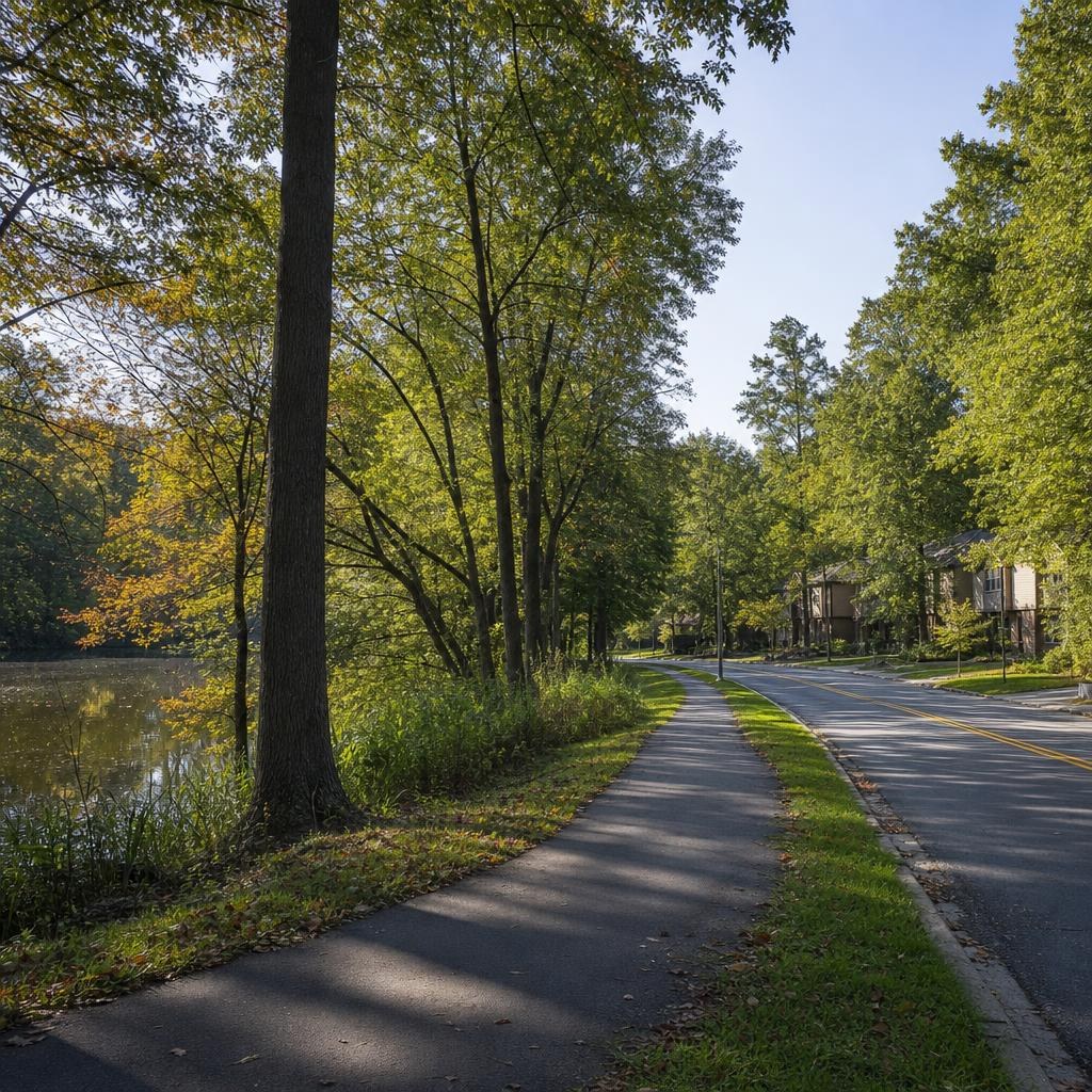 Wooded Reston neighborhood beside a paved path and small lake