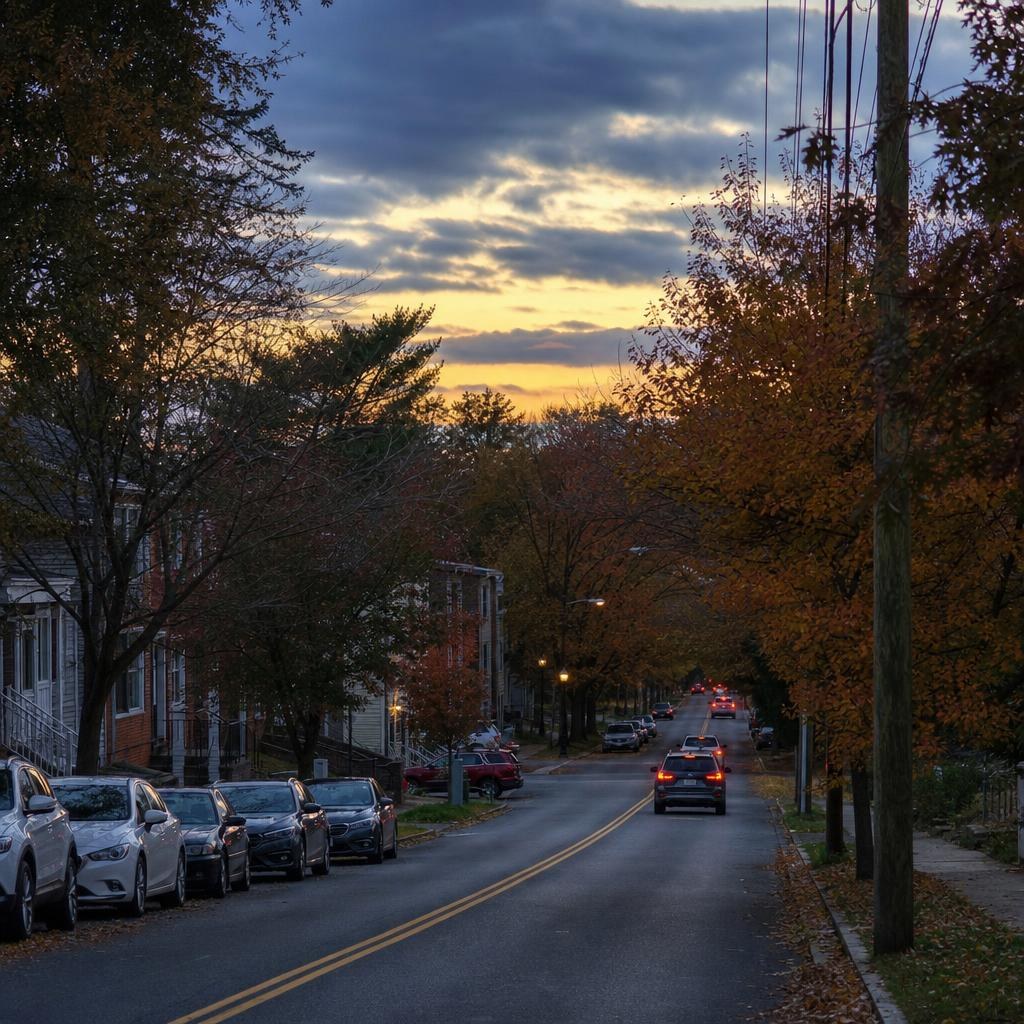 Tree-lined Rockville neighborhood street with autumn foliage and no visible signs or logos.