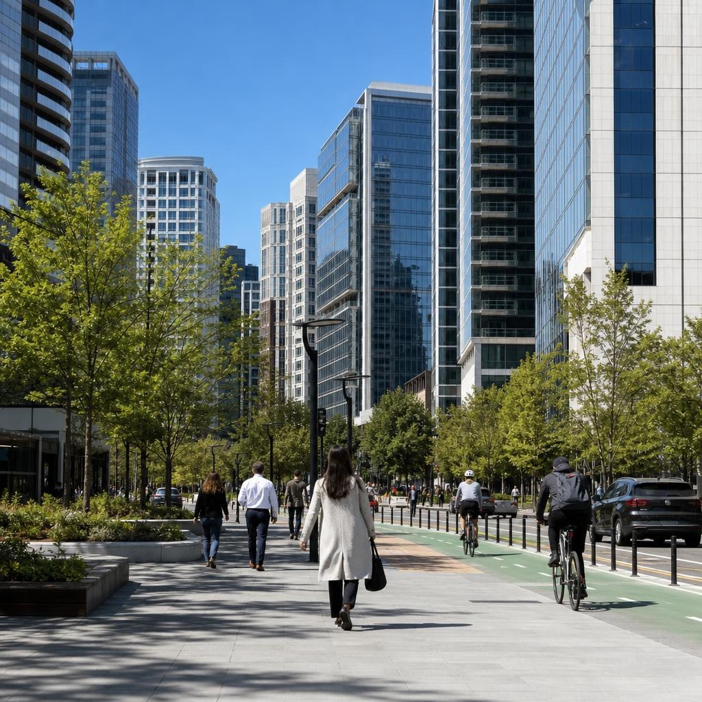 Rosslyn urban street with broad sidewalks, mixed high-rises, smaller buildings, and bicycle infrastructure.