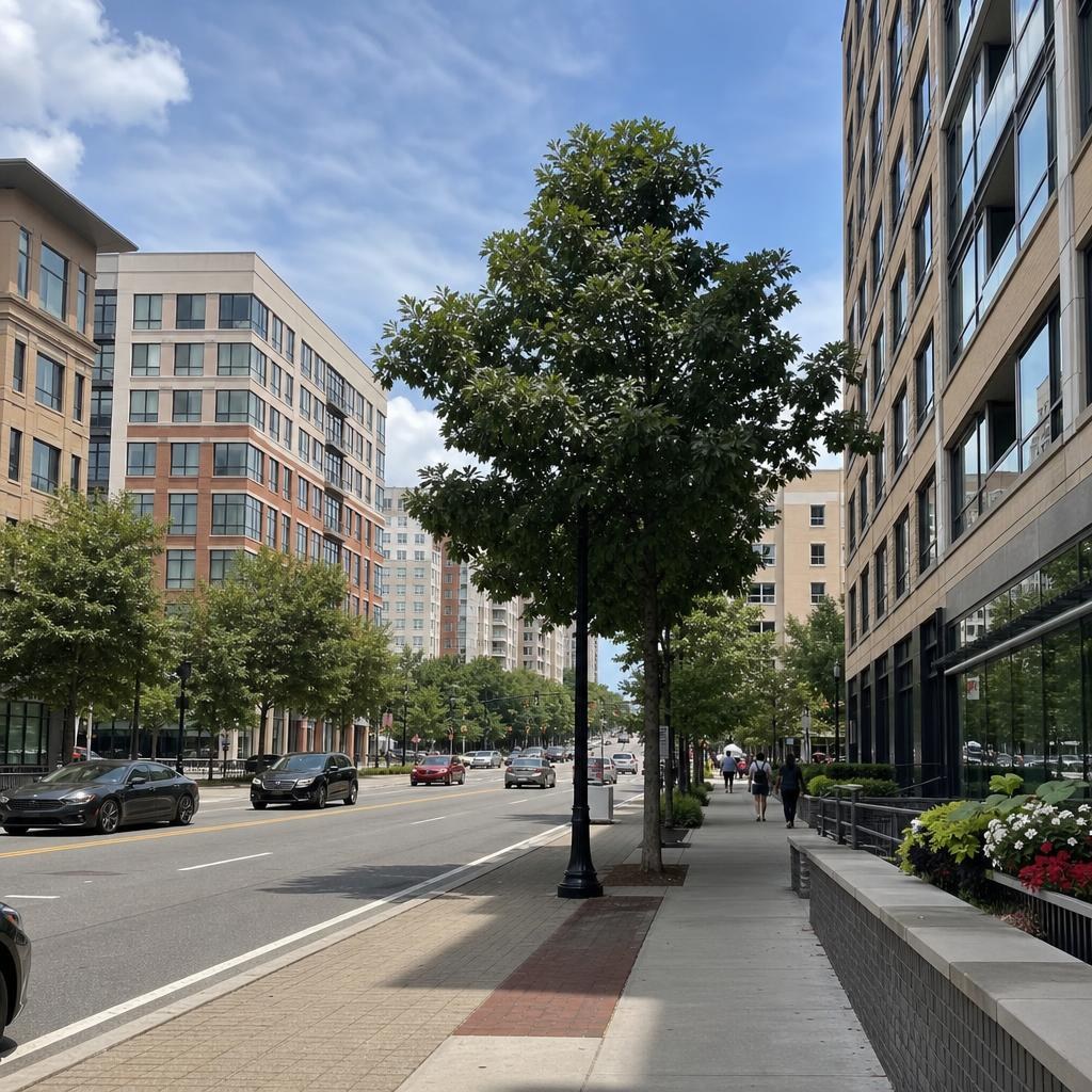 Walkable Silver Spring commercial street with mixed-use buildings, broad lanes, sidewalks, and street trees.