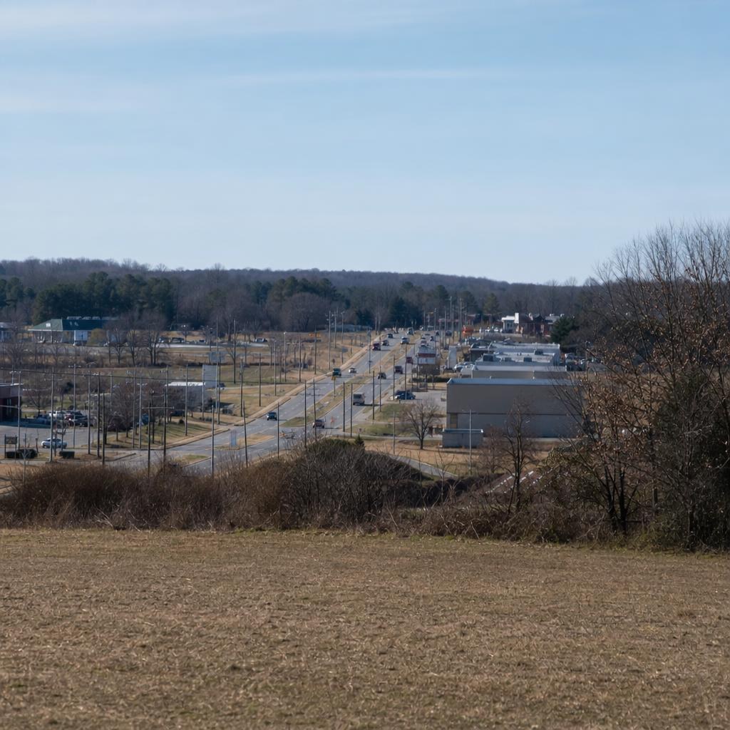 Spotsylvania County roadside with open rural space and distant suburban development.