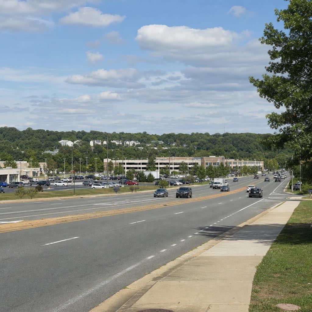 Broad commercial roadway, parking lots, low-rise buildings, sparse landscaping, and wooded residential backdrop in Springfield, Virginia.