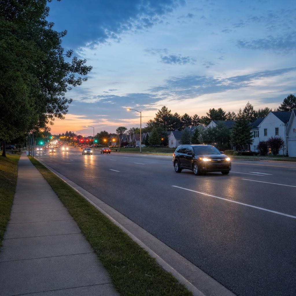 Ordinary Sterling, Virginia suburban street with detached homes, lawns, seasonal trees, and a broad roadway.
