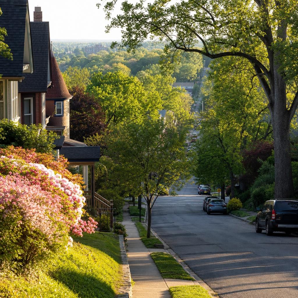 Leafy, gently hilly Takoma Park residential street with older homes and mature trees.