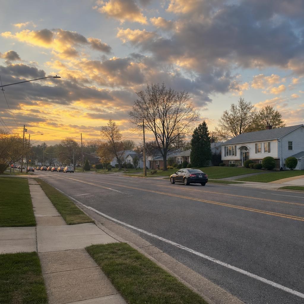 Postwar Temple Hills neighborhood with modest homes, low-rise housing, and a broad Maryland suburban road.