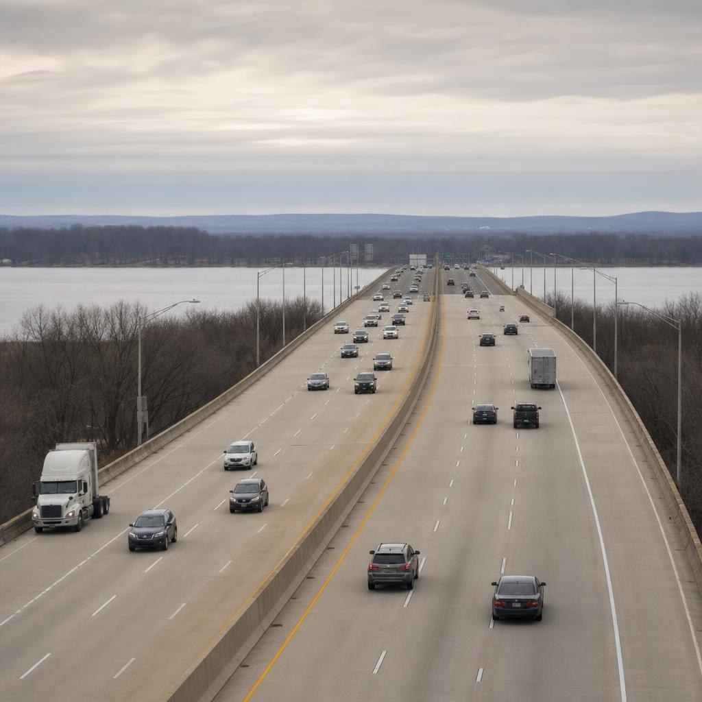 Multi-lane Capital Beltway freeway near Washington, D.C., crossing the Potomac without readable signs or logos.