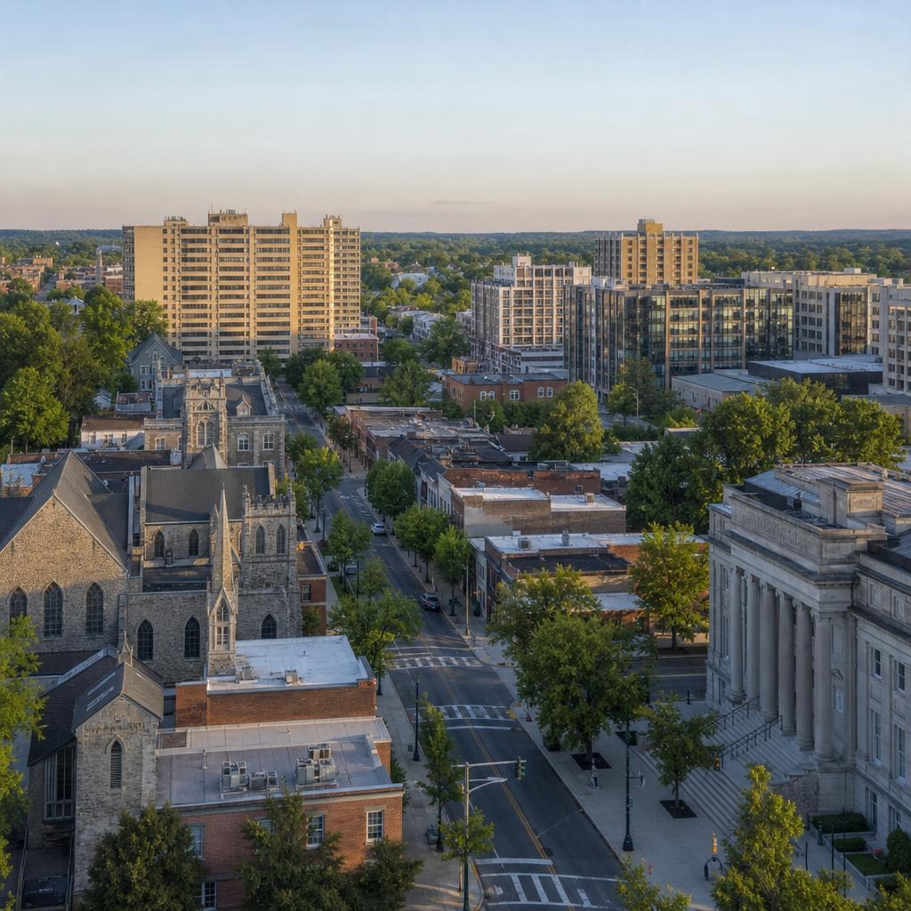 Ordinary central Towson streetscape with shops, offices, apartments, sidewalks, and mature street trees.