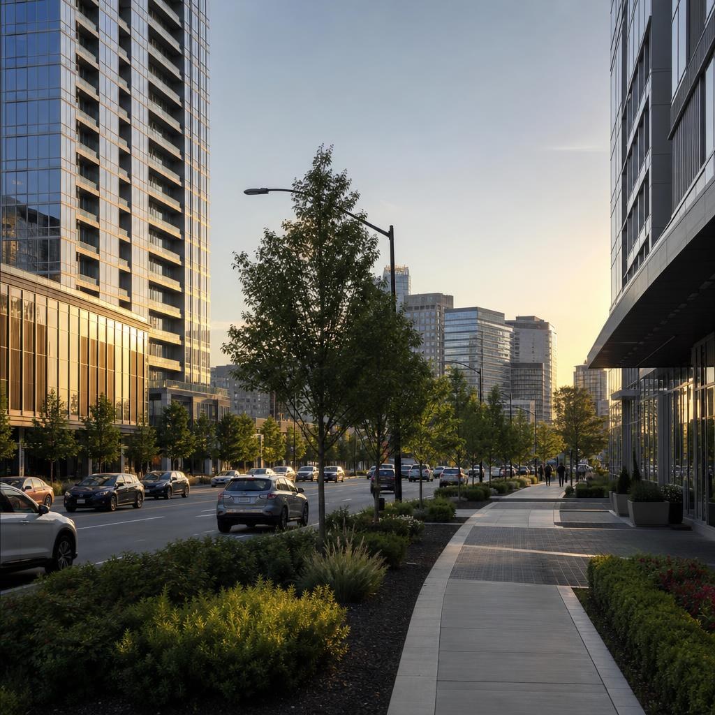 Tysons streetscape with mixed-use towers, broad roads, sidewalks, and landscaped street buffers.