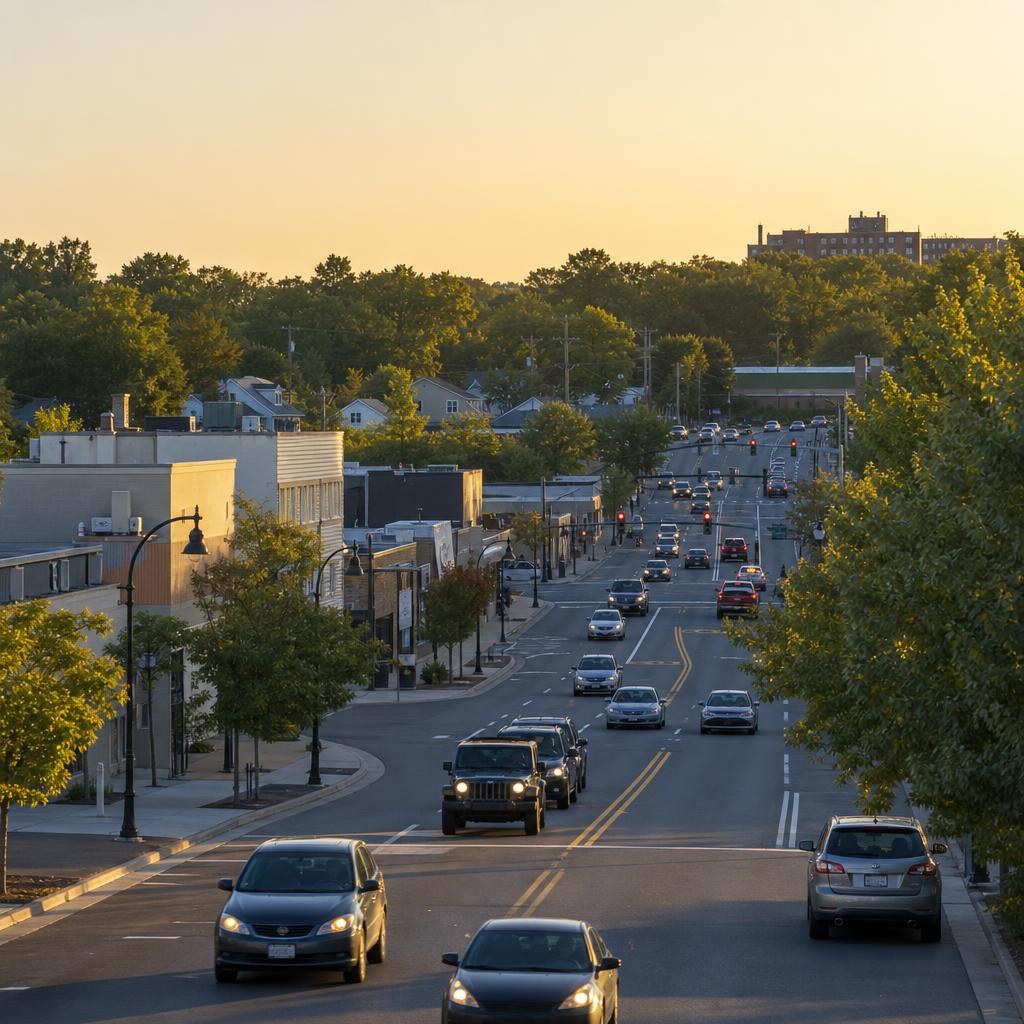 Ordinary low-rise commercial and residential streetscape in Wheaton, Maryland, beside a broad arterial road.